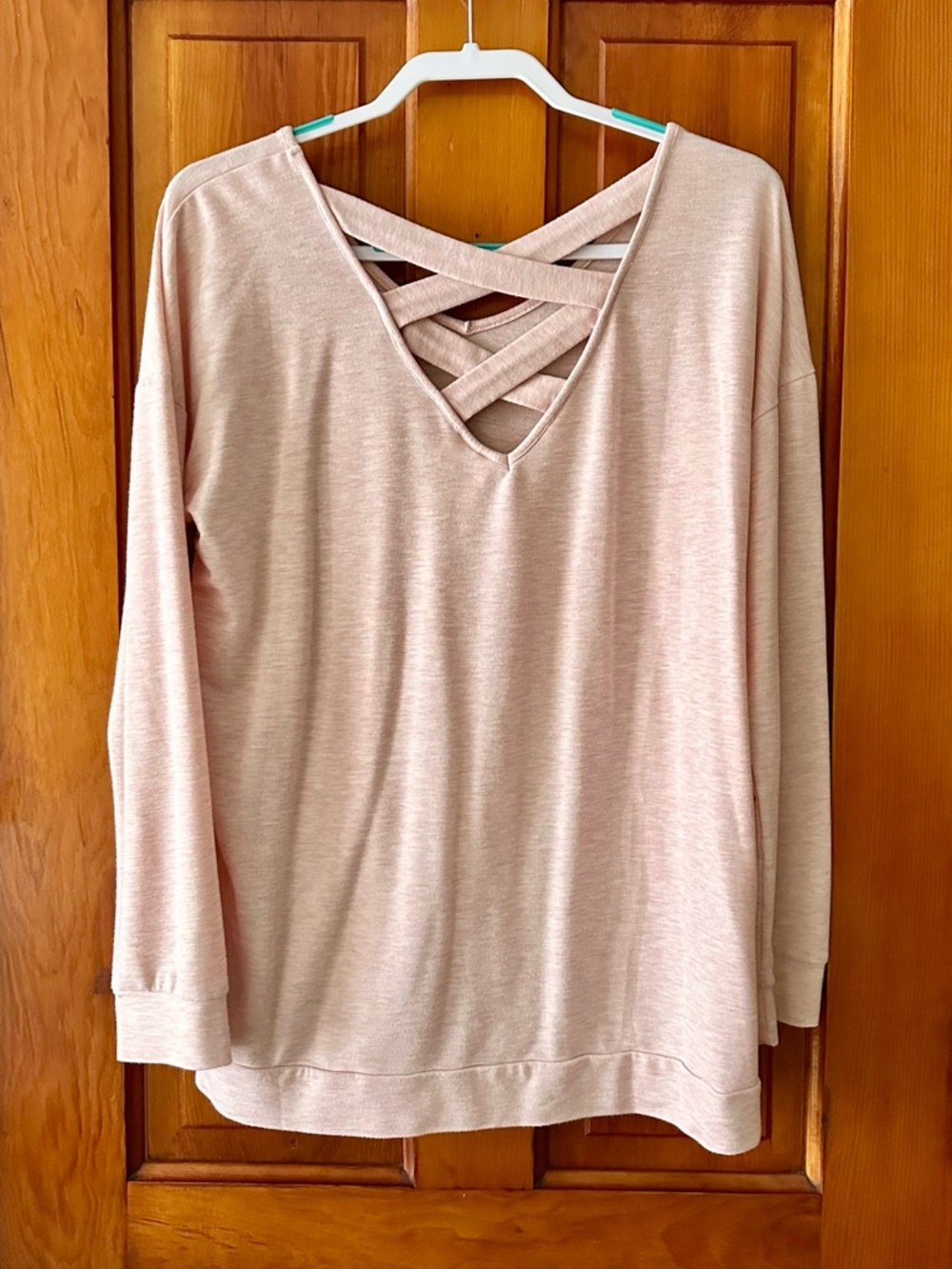 Relaxed V-Neck Crisscross Back Sweatshirt - Soft Pink Size L - Picture 2 of 6